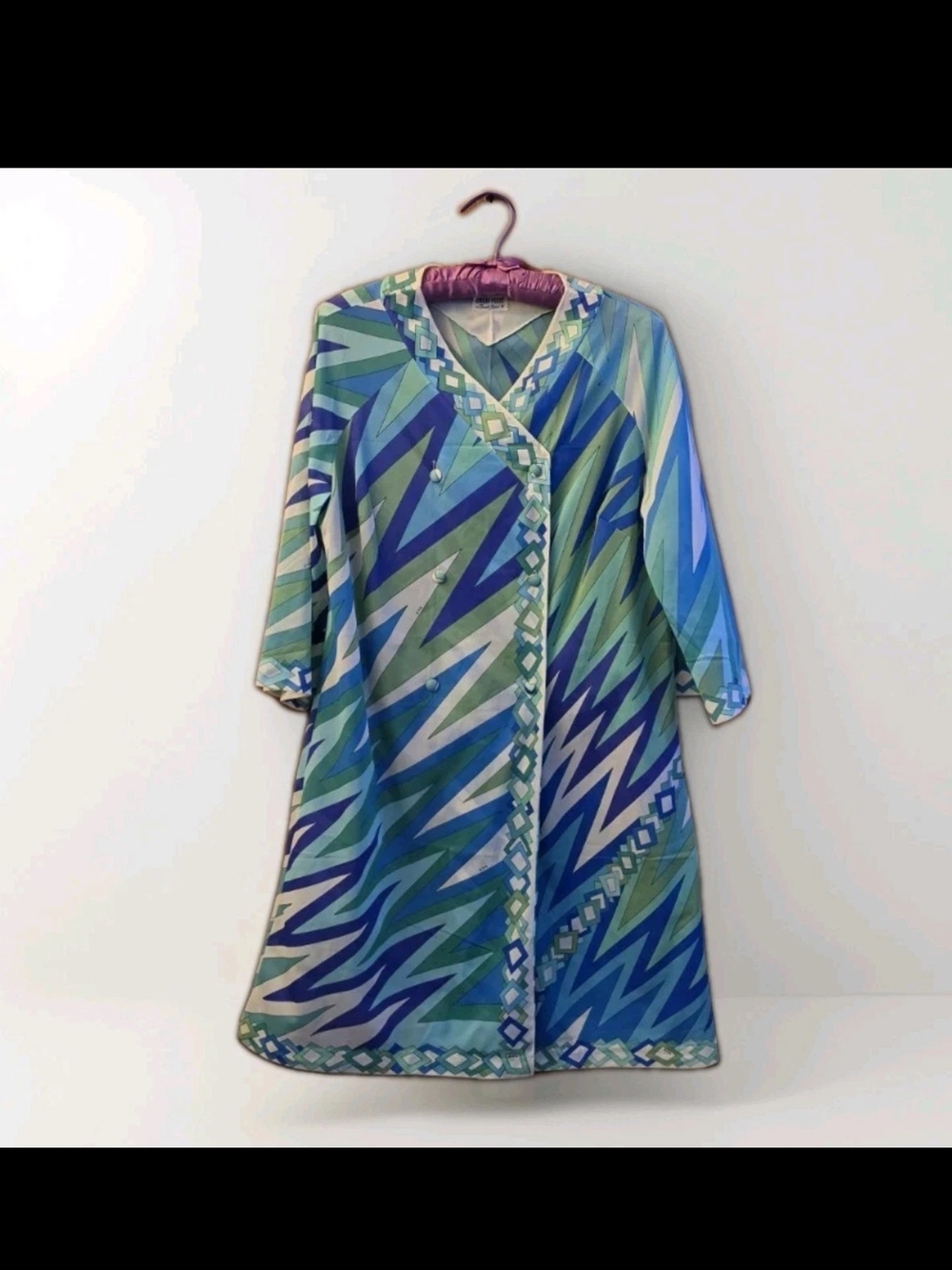 Emilio Pucci Blue and Green Zigzag Wrap-Style Long Sleeve Dress